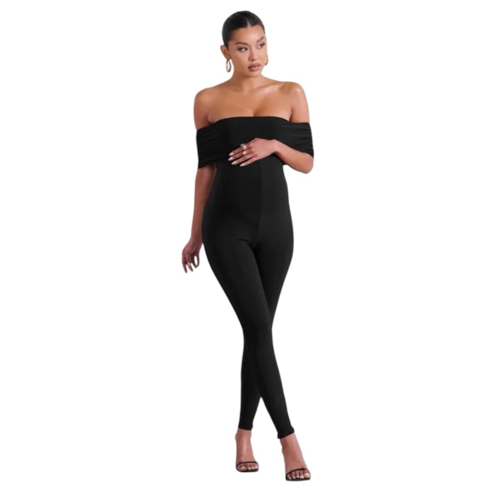 CLUB L LONDON Off The Shoulder Black Maternity Bardot‎ Fitted Jumpsuit